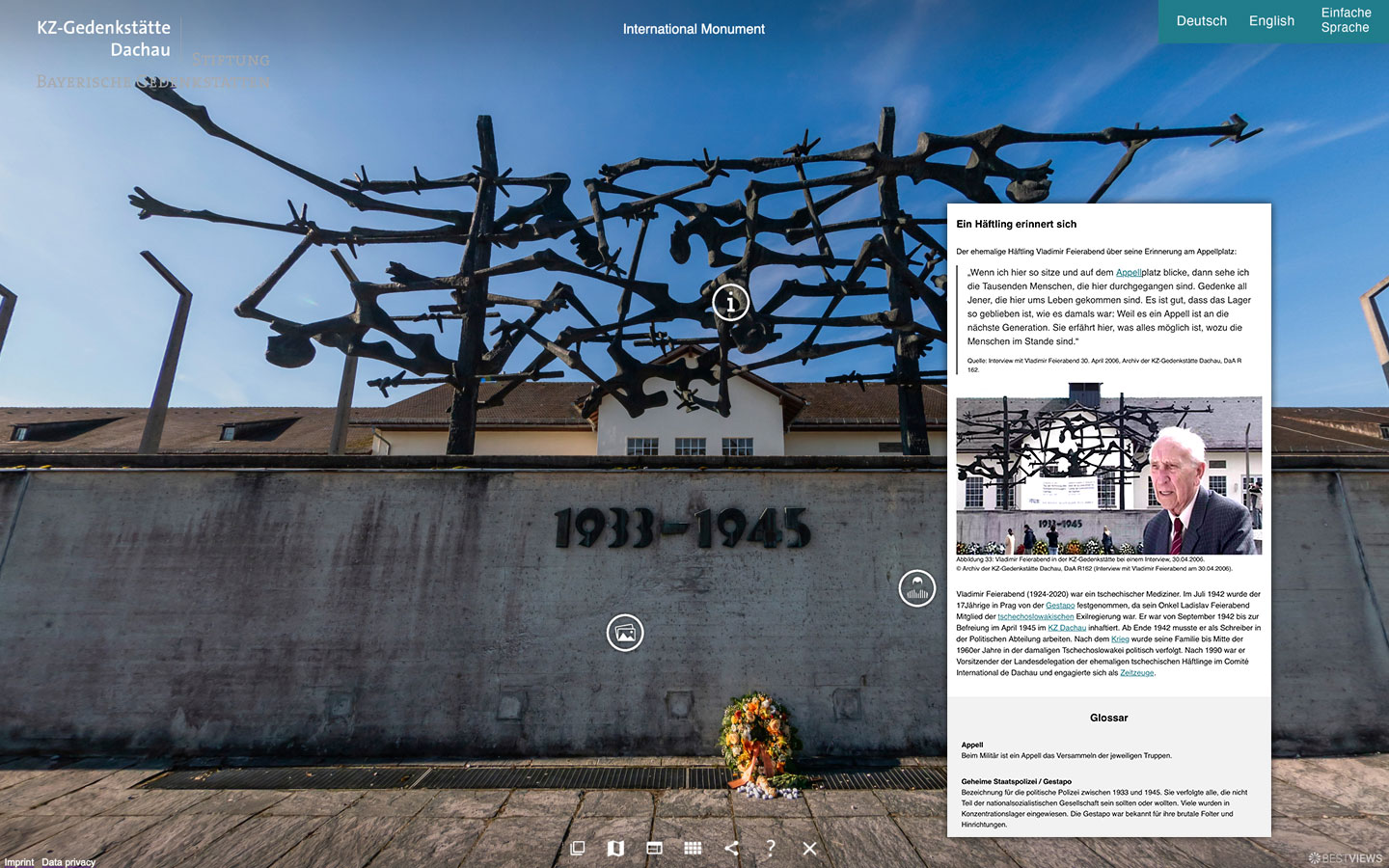 360° virtueller Rundgang KZ-Gedenkstätte Dachau Mahnmal Zeitzeugen