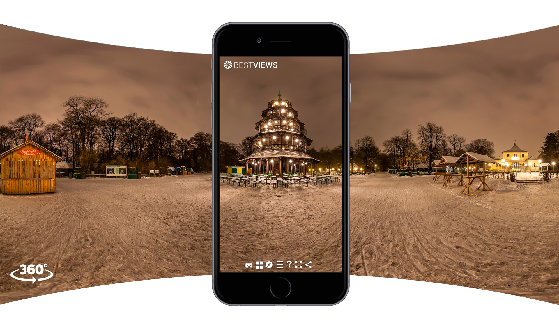 virtuelles 360 Grad Panorama vom Chinesischen Turm bei Schnee mit dem Smartphone live erleben